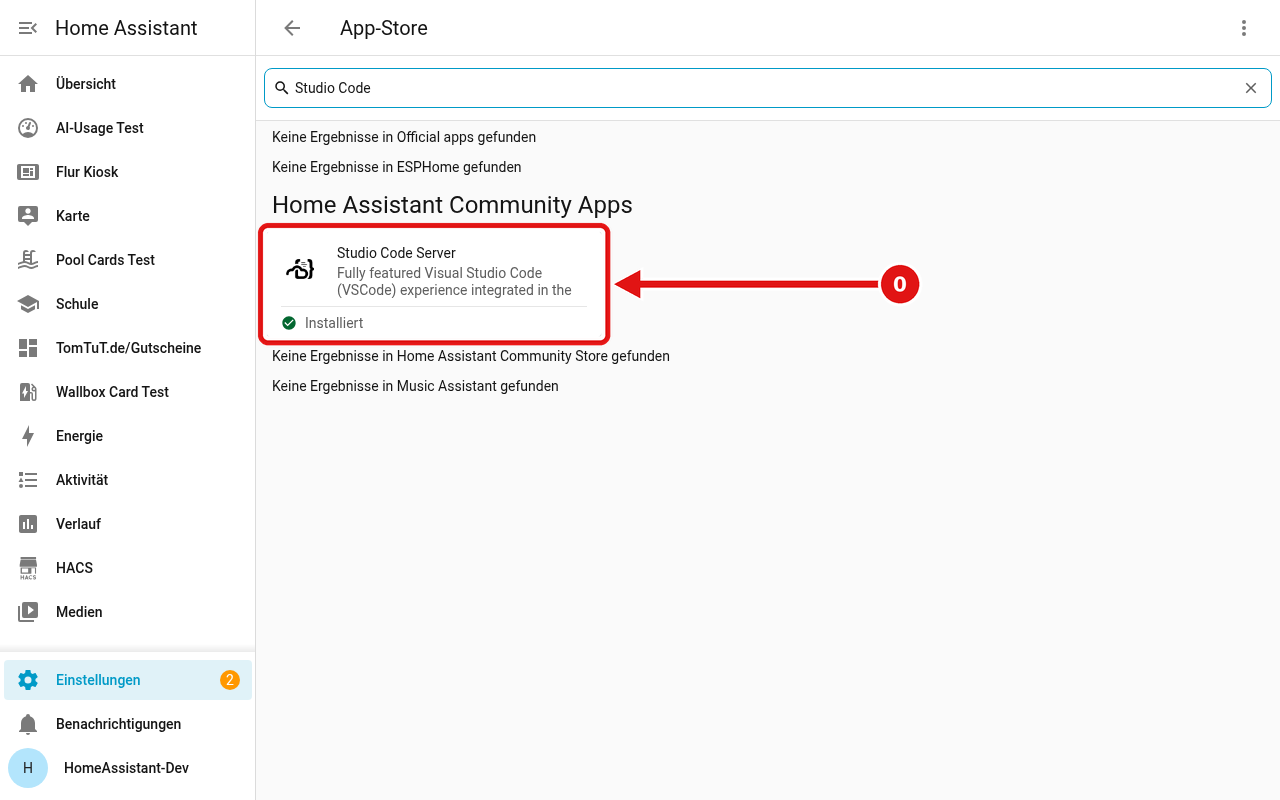 App-Store von Home Assistant mit der Suche „Studio Code“, die Kachel „Studio Code Server“ ist rot eingerahmt.