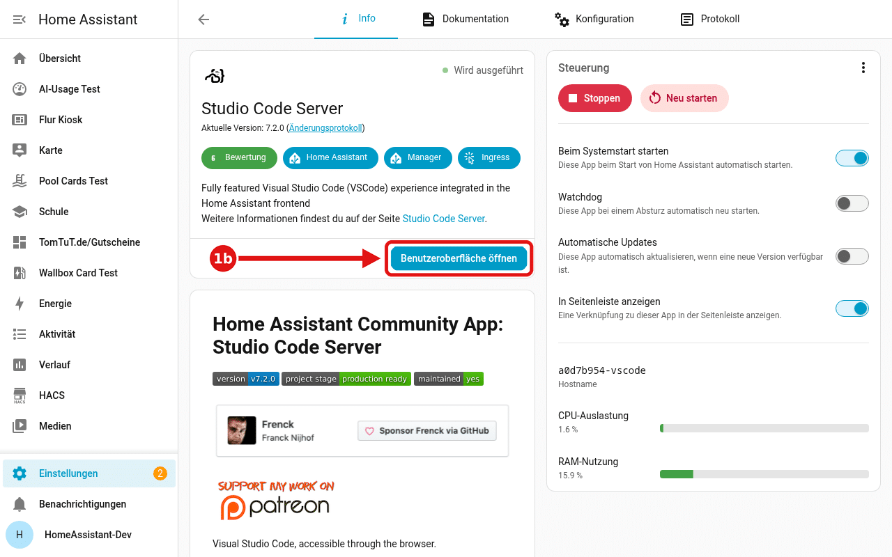 Detailseite der App Studio Code Server, der Knopf „Benutzeroberfläche öffnen“ ist rot eingerahmt.