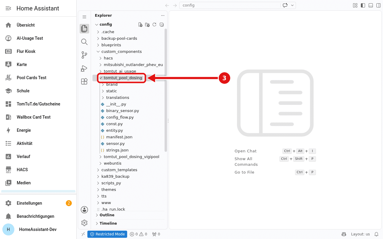 Dateiliste mit aufgeklapptem Ordner „custom_components“, darin der neue Ordner „tomtut_pool_dosing“ rot eingerahmt.