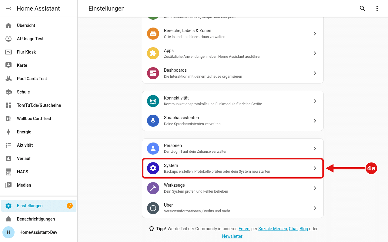 Einstellungsseite von Home Assistant, der Eintrag „System“ ist rot eingerahmt.