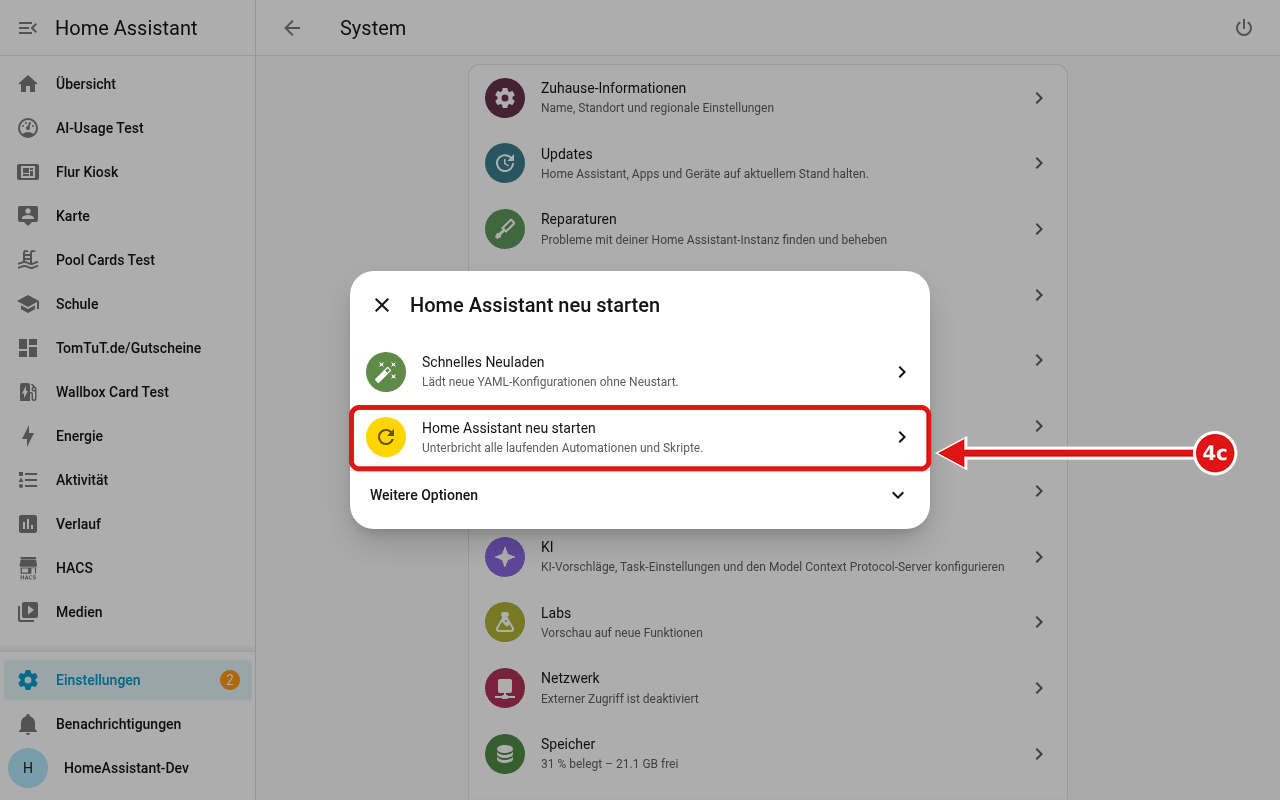 Fenster „Home Assistant neu starten“, die Zeile „Home Assistant neu starten“ ist rot eingerahmt.