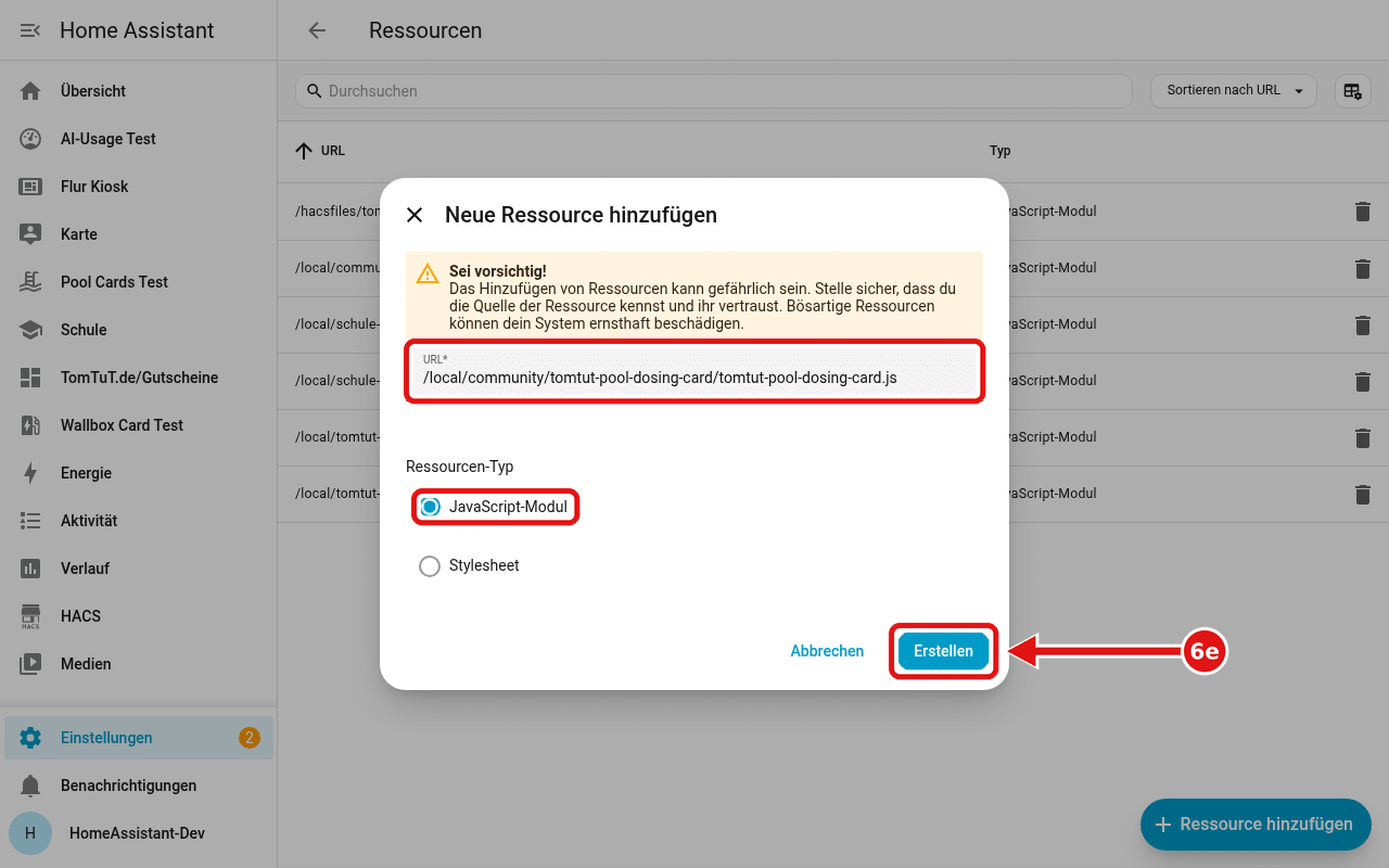 Fenster „Neue Ressource hinzufügen“ mit eingetragener URL, ausgewähltem „JavaScript-Modul“ und rot eingerahmtem Knopf „Erstellen“.