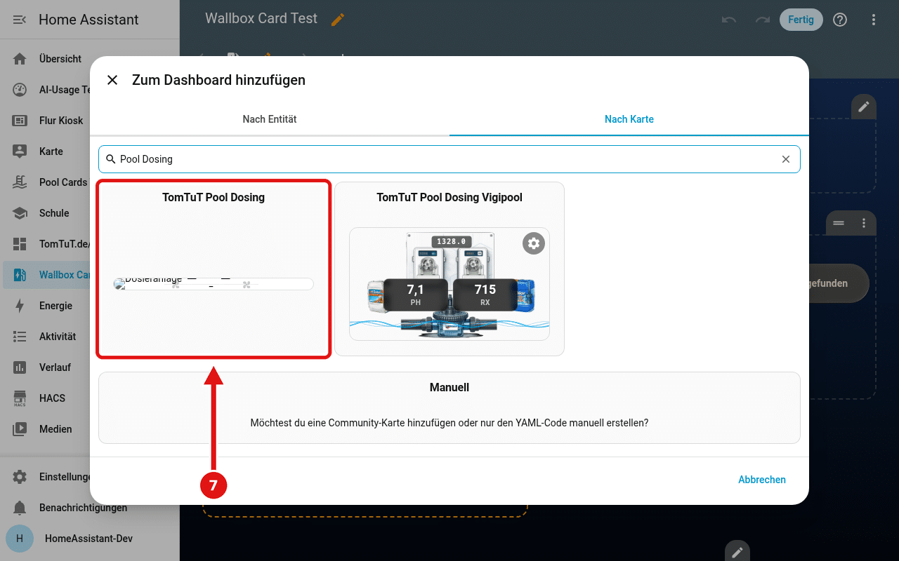 Fenster „Zum Dashboard hinzufügen“ mit der Suche „Pool Dosing“, die Kachel „TomTuT Pool Dosing“ ist rot eingerahmt.
